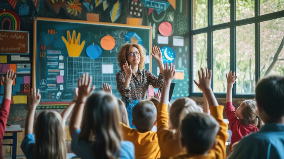 A joyful crowd of children in a classroom eagerly raise their hands, ready to share their answers, creating a lively and engaging community of learners. AIG41