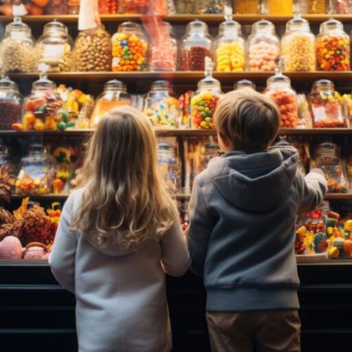 Boy and Girl looking at candy display in candy store