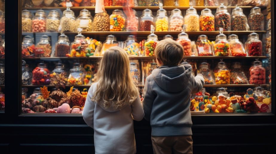 Boy and Girl looking at candy display in candy store